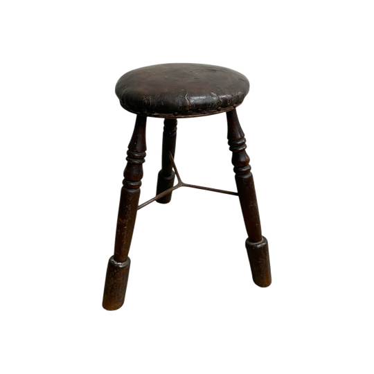 Antique Tri-Footed Wooden Stool with Original Leather Seat