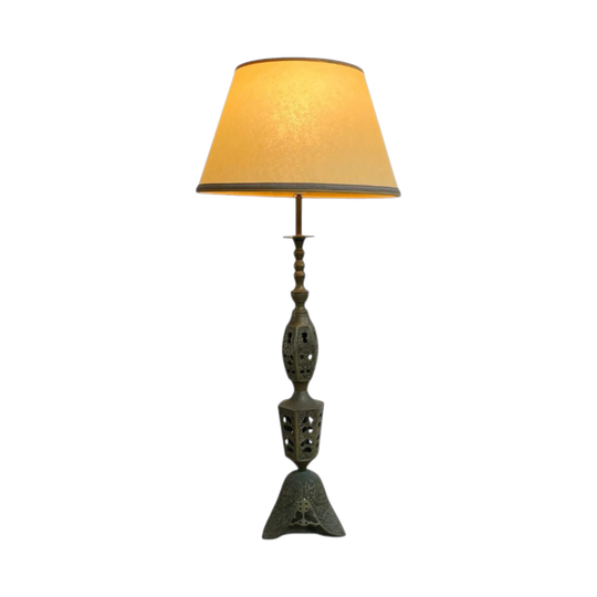 Mid-Century Large Ornate Brass Table Lamp with Shade, Perforated Latticework, 118 cm H