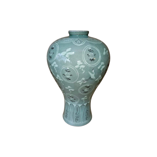 Korean Goryeo Dynasty Style Celadon Maebyeong Vase, Flying Crane and Cloud, Crackle Glaze, 30 cm, 1970s, Signed