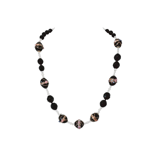 1940s Venetian Glass, Onyx and Aventurine Bead Necklace with Rose Quartz, 53 cm