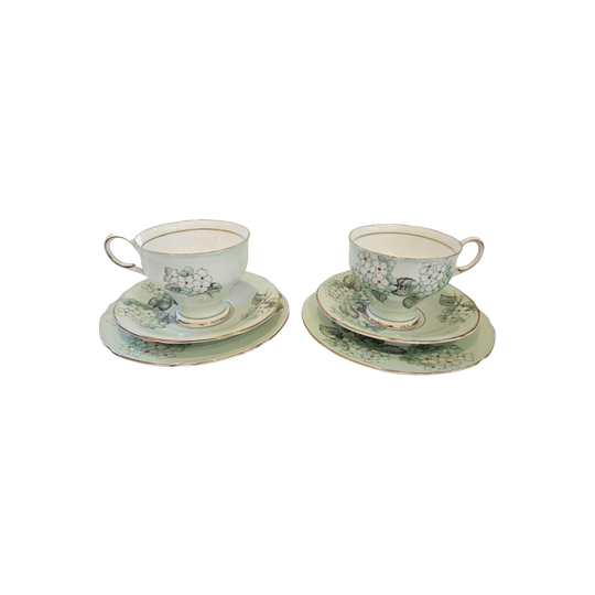 Pair of Rare Vintage Paragon Hortensia Tea Trios, Double Warranted, Mint Green, Circa 1930s