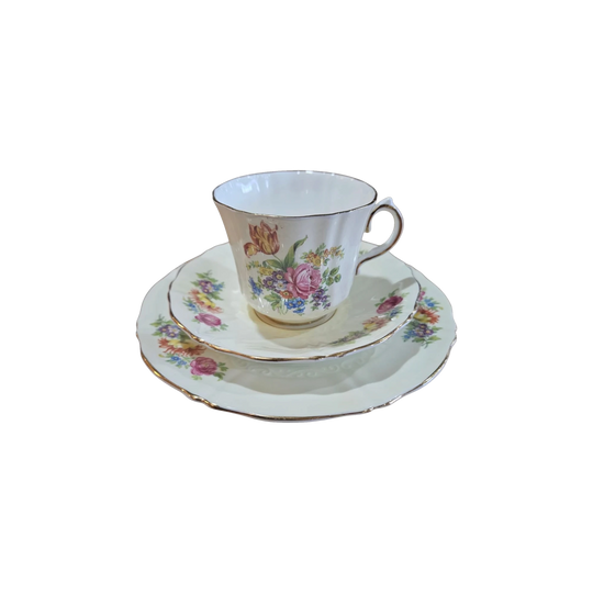 Sampson Smith Old Royal Bone China Trio, c. 1930s – Floral, Gold Trim
