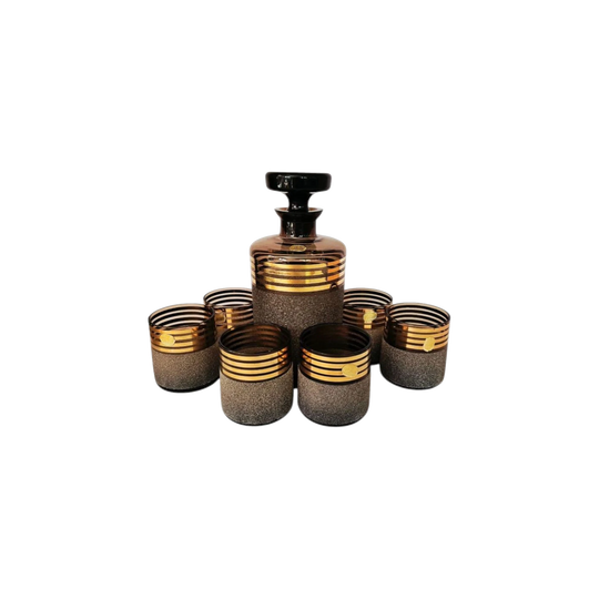 Bohemian Mid-Century Amber and Gold-Striped Glass Decanter Set, c.1960