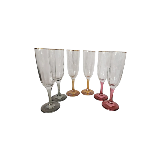 Optic-Ribbed Champagne Flutes with Gold Rims and Coloured Bases – Set of 6, "Imperial Design" (Discontinued)