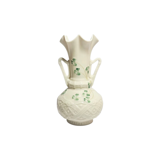 Belleek Harp Shamrock Two-Handled Flared Vase, Parian Porcelain, Gold Mark, c. 1980–1992