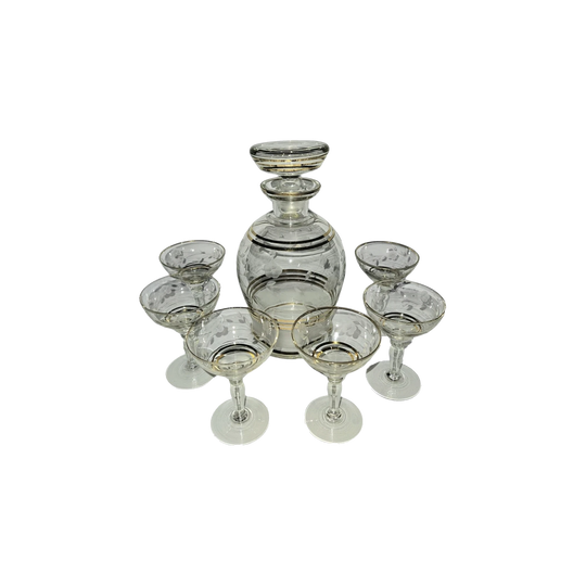 Etched Glass Liquor Set with Gold Rims – Carafe and Six Glasses, 7-Piece