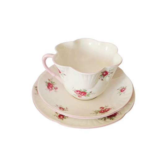 Crown Staffordshire England Sweetheart Rose Teacup Trio – Fine Bone China, Hand-Painted, Vintage 1950s