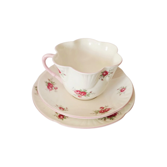 Crown Staffordshire England Sweetheart Rose Teacup Trio – Fine Bone China, Hand-Painted, Vintage 1950s