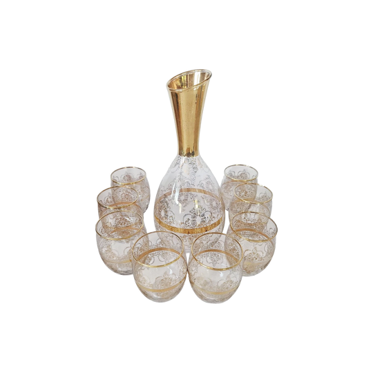 Vintage Vecchia Murano Venetian Decanter Set with 8 Matching Glasses — 22‑Karat Gold Leaf