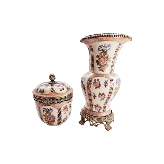 United Wilson 永勝彩瓷 Hand-Painted Porcelain Vase and Urn Set, Bronze-Mounted, Ivory with Floral and Bow Motifs