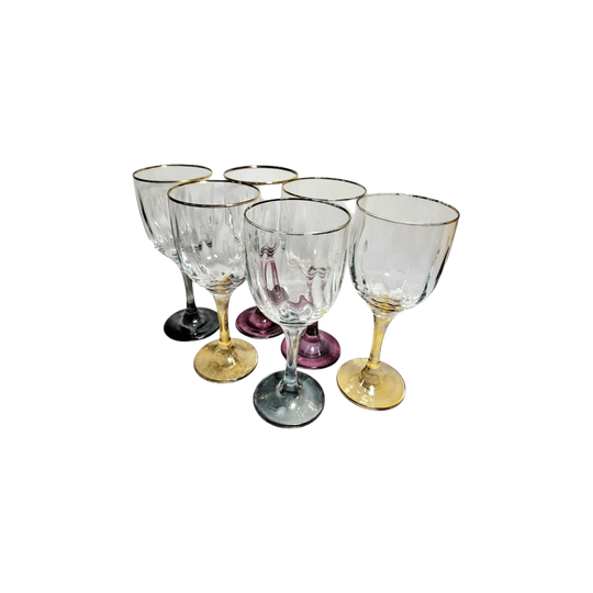 Set of 6 Optic-Ribbed Wine Glasses with Gold Rims and Coloured Stems