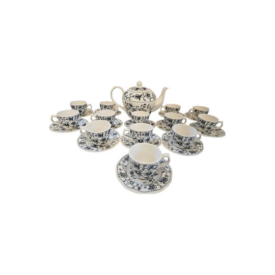 Nikko Ming Tree Blue Porcelain Tea Set, Double Phoenix Backstamp, 27-Piece