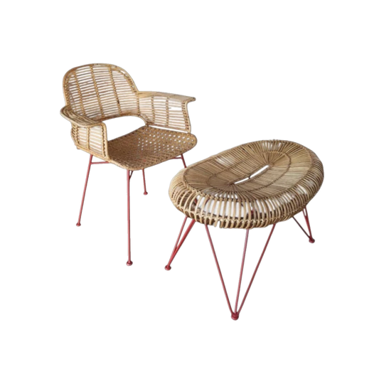 Scandinavian Modern Hand-Woven Rattan Lounge Chair and Oval Ottoman, Red-Painted Steel Legs, Sweden, c.1960s
