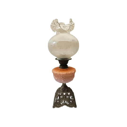 Antique Victorian 19th Century Kerosene Oil Lamp, Pink Opaline Glass Reservoir, Hand‑Etched Ruffled Shade, Cast Metal Base