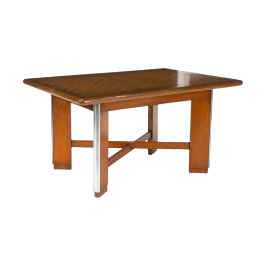 1950s Oak Extension Dining Table with Checkerboard Top and X-Stretcher