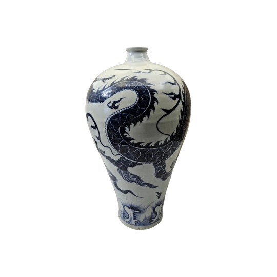 Chinese Blue and White Porcelain Meiping (Prunus Vase), Yuan Dynasty Style, White Cloud Dragon, 20th Century