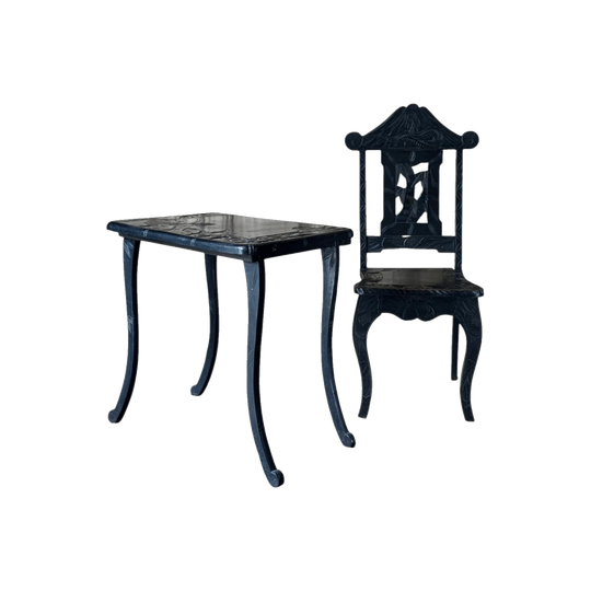 Antique Japanese Nikko Carved Wood Chair and Matching Table, c. 1900–1920