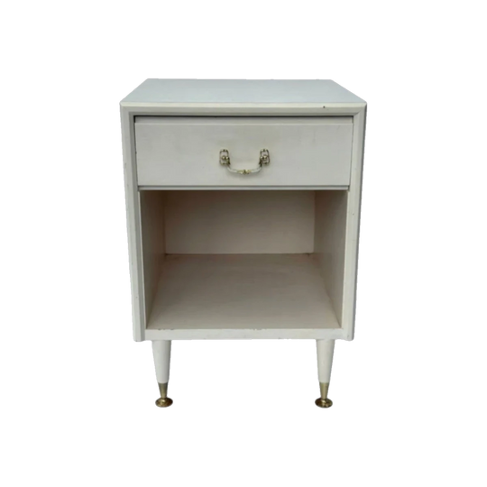 Vintage Mid-Century Modern White Nightstand with Drawer, Open Shelf and Brass-Accented Tapered Legs