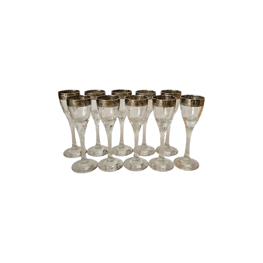 Set of 10 Vintage Cristalleria Fratelli Fumo Crystal Shot/Liqueur Glasses with Twisted Stems, 24K-Encrusted Platinum Band – Regina Ricamo Oro, Handmade in Italy
