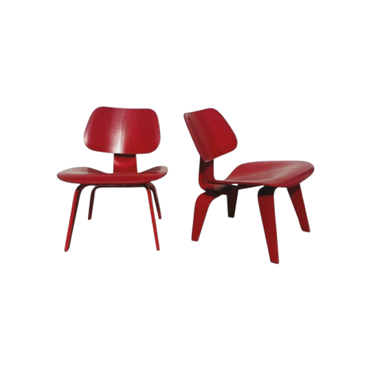 Eames LCW Lounge Chair for Herman Miller, Red-Lacquered Birch Plywood, Original Labels