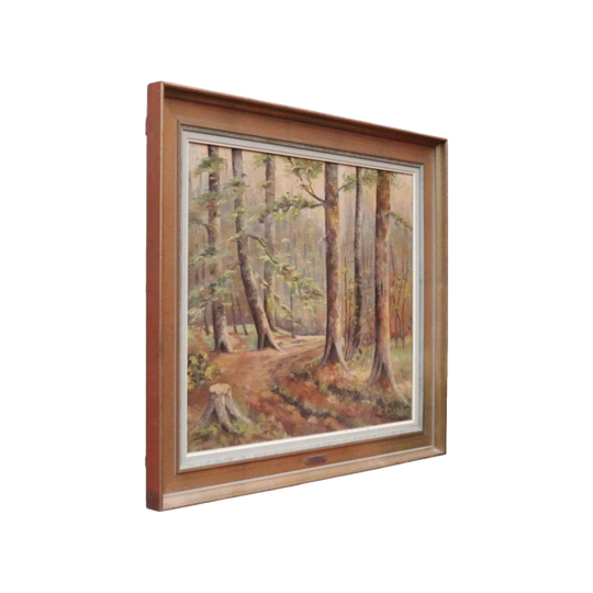 Vintage Oil on Canvas Landscape, ‘Foret de Soignes’, 1986, Gilt-Framed Painting, Plaque ‘Simon G’