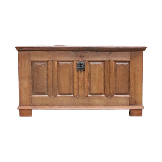 Antique French Oak Coffer / Blanket Box with Panelled Sides and Iron Escutcheon, c.1860