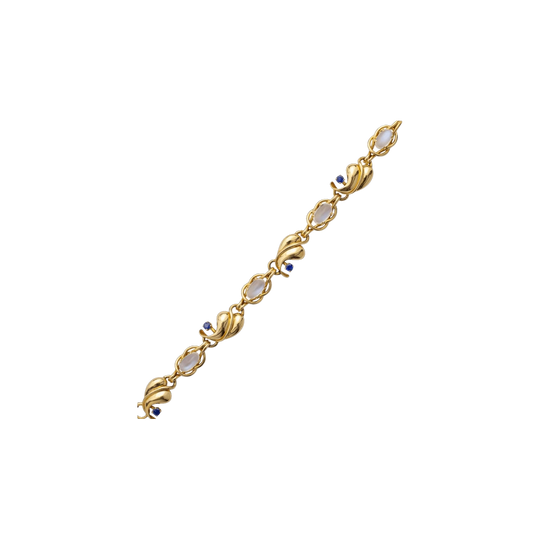 Mid-Century 14kt Yellow Gold Moonstone and Sapphire Link Bracelet