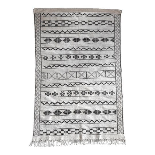 Moroccan Kilim Flat-Weave Rug – Black and White, Handwoven Wool, 240 x 155 cm
