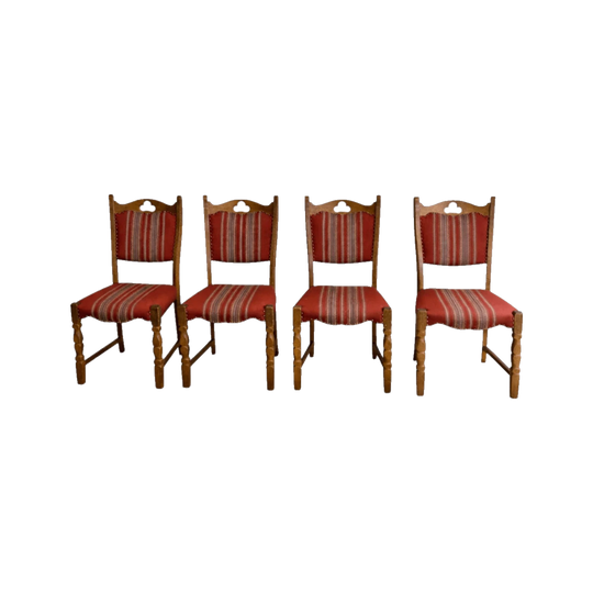 Set of Four Danish Vintage Dining Chairs – Timber Frames, Wool Upholstery, Stud Detailing