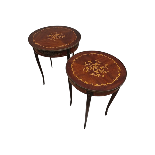 Pair of Vintage Louis XV-Style Round Mahogany Side Tables with Satinwood Marquetry and Ormolu Mounts