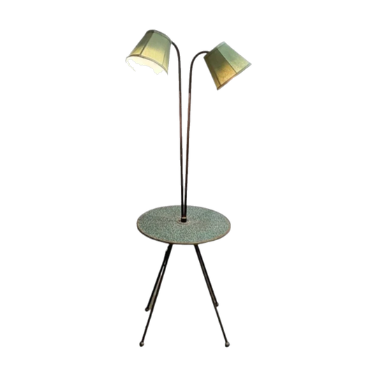 Mid-Century Twin-Head Floor Lamp with Integrated Round Table, Green Fabric Shades, 1950s–60s
