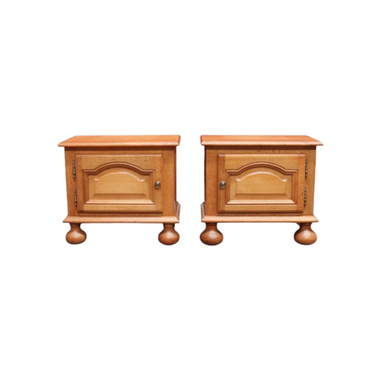 Pair of Vintage French Oak Bedside Cabinets, Left and Right Opening, Bun Feet