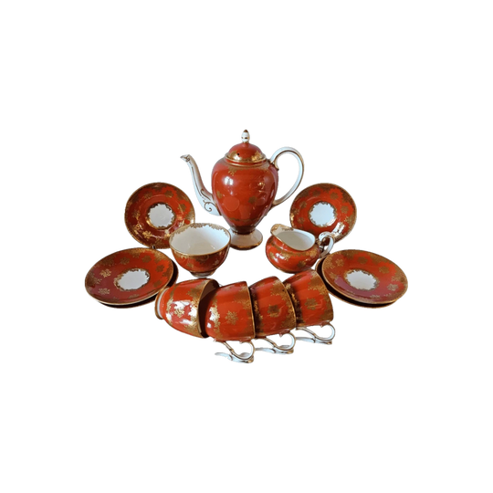 Paragon Double Warrant Fine Bone China Demitasse Coffee Set, Dark Orange with Gold Floral Accents, 14 Pieces, 1950s