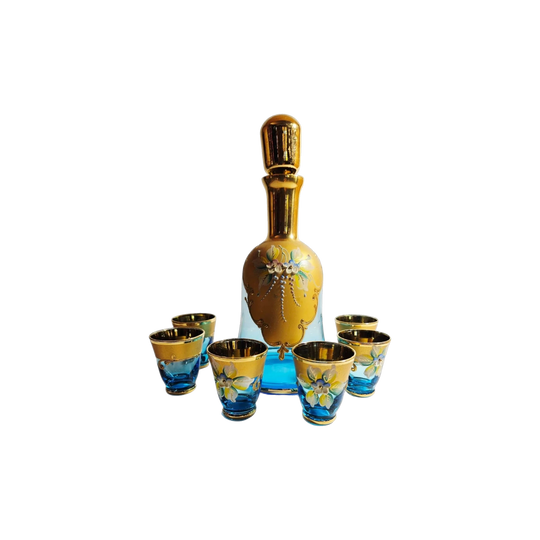 Mid-Century Murano Salvadori ‘Tre Fuochi’ 24 ct Gold Hand-Painted Liqueur Decanter with Six Shot Glasses