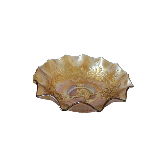 Crown Crystal Glass Co. ‘Kookaburra’ Master Carnival Glass Bowl, Marigold, c. 1920s Australia