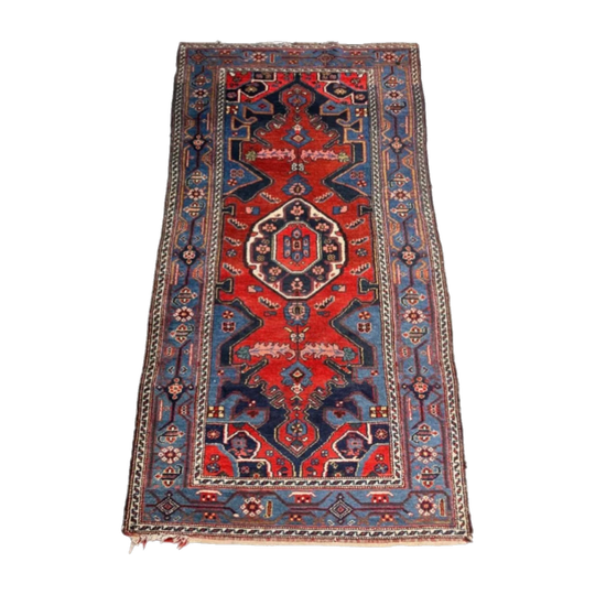 Antique Persian Hamadan Hand-Knotted Wool Rug, Red and Blue Geometric