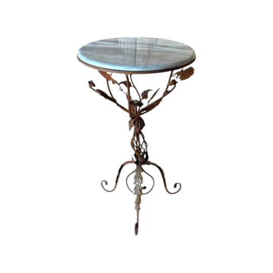 French Garden-Style Marble-Top Wrought Iron Pedestal Table with Foliate Detailing
