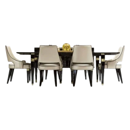 Luxury dining set collection featuring a lacquered wood black finish with art deco elegant gold accents.