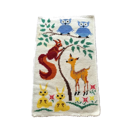 Vintage Handwoven Folk Art Rug or Wall Hanging – Woodland Animals (Owls, Fox, Deer, Rabbits), Rya-Style Wool Pile, Possibly Scandinavian