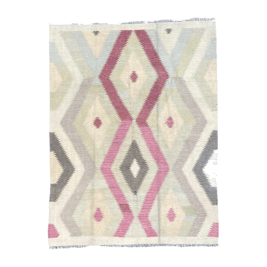 Handmade Afghan Wool Kilim Rug with Large Diamond Pattern in Muted Tones – 200 x 155 cm