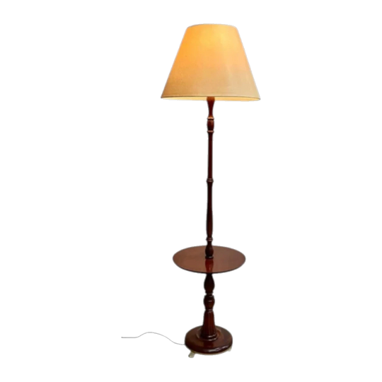 Vintage Turned Mahogany Floor Lamp with Built-In Round Table