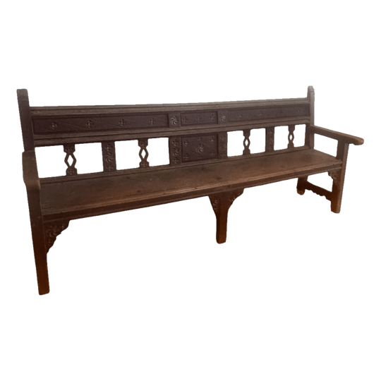 Impressive and large 18th Century antique French oak solid bench seat with hand carvings and gorgeous original hardware from The French Alps.