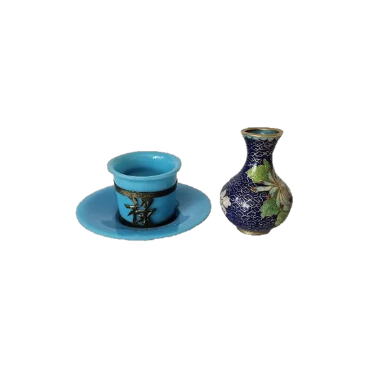 19th-Century Peking Blue Opaline Glass Teacup with Brass Holder and Small Cloisonné Vase