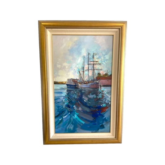 Ken Strong Original Oil Painting, ‘Of Rivera Ocean’ – Large Framed Maritime Coastal Scene in Gold Frame