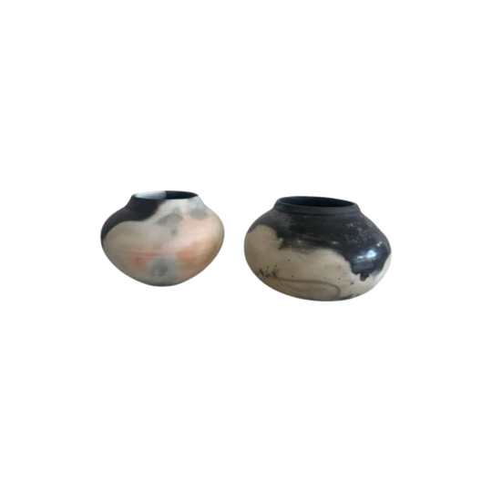 Set of 2 Hand-Fired Raku Sawdust Pottery Vessels – Sculptural Ceramic Bowls in Smoke-Fired Black & Blush