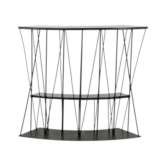 Mid-Century Black Steel Shelving Unit with Curved Geometric Verticals and Grey/White Fabric-Style Laminate Shelves