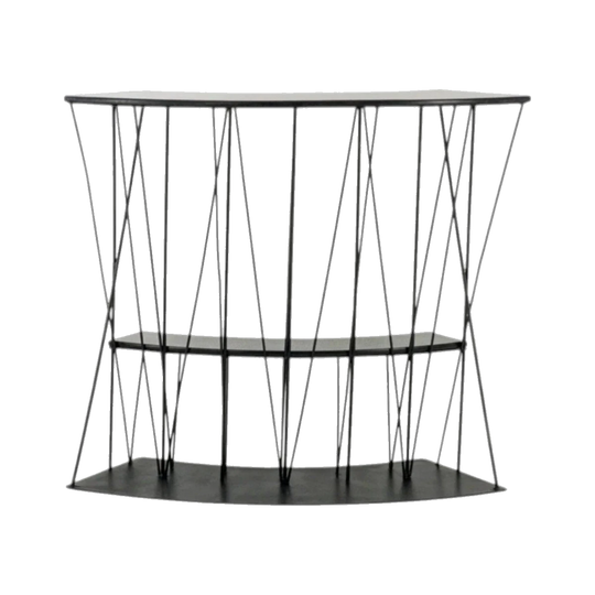 Mid-Century Black Steel Shelving Unit with Curved Geometric Verticals and Grey/White Fabric-Style Laminate Shelves