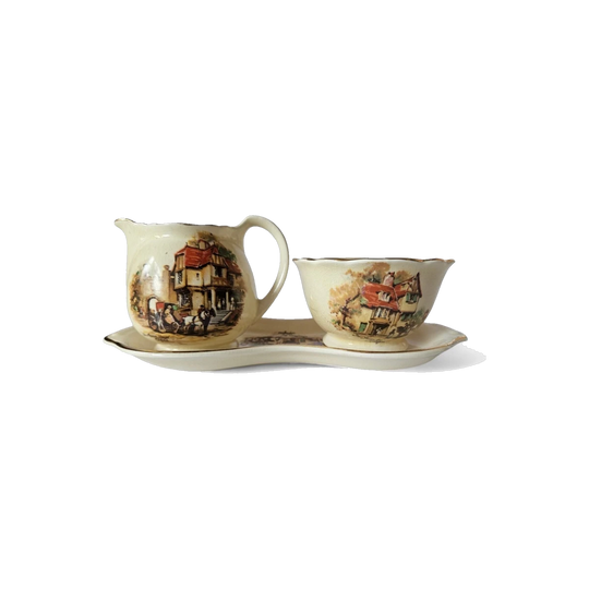 Crown Devon ‘Coaching Days’ Gravy Set, Swan Inn / Hereford Manor House / Oxford, 1930s