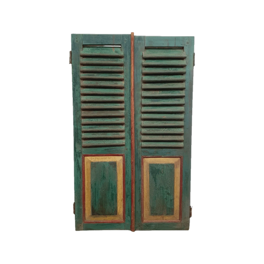 VINTAGE Balinese Dark Green/Lime Louvre Window Shutter Pair