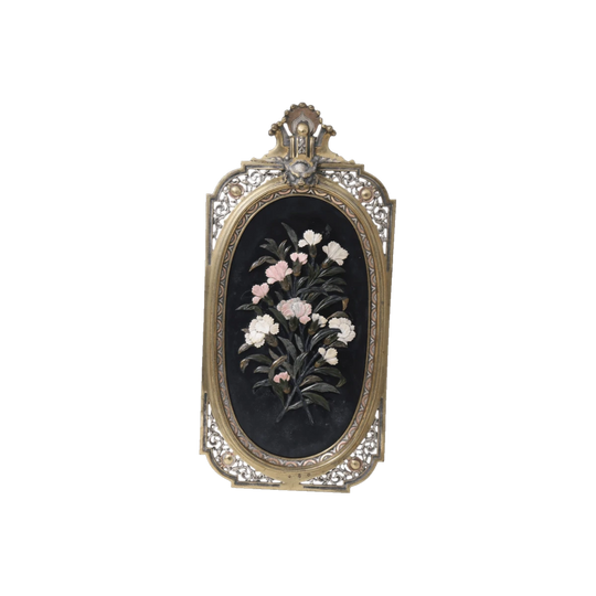 Pietra dura wall plaque in ornate brass frame